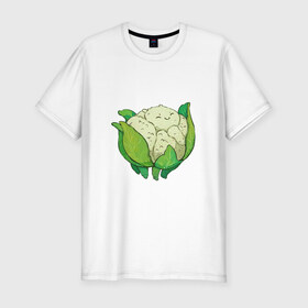 Мужская футболка хлопок Slim с принтом Милая капуста в Белгороде, 92% хлопок, 8% лайкра | приталенный силуэт, круглый вырез ворота, длина до линии бедра, короткий рукав | арт | капуста | мило | милота | овощ | овощи | рисунок | свежие овощи | свежий овощ | свежий продукт | цветная капуста