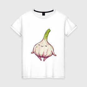 Женская футболка хлопок с принтом Милый чеснок в Белгороде, 100% хлопок | прямой крой, круглый вырез горловины, длина до линии бедер, слегка спущенное плечо | арт | мило | милота | овощ | овощи | рисунок | свежие овощи | свежий овощ | свежий продукт | чеснок