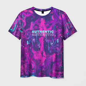 Мужская футболка 3D с принтом AUTHENTIC в Белгороде, 100% полиэфир | прямой крой, круглый вырез горловины, длина до линии бедер | abstraction | authentic | абстракция | аутентичный | брызги | надпись на английском | прикольная надпись | разводы | текстура | узор | фиолетовый