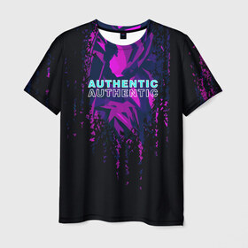 Мужская футболка 3D с принтом AUTHENTIC в Белгороде, 100% полиэфир | прямой крой, круглый вырез горловины, длина до линии бедер | abstraction | authentic | абстракция | аутентичный | брызги | надпись на английском | прикольная надпись | разводы | текстура | узор | фиолетовый