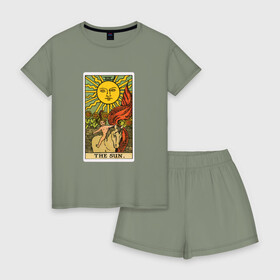 Женская пижама с шортиками хлопок с принтом Аркан Солнце в Белгороде, 100% хлопок | футболка прямого кроя, шорты свободные с широкой мягкой резинкой | аркан | духовность | знания | мистика | оккультныезнаки | символы | солнце | старший | тайные | таро | эзотерика