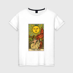 Женская футболка хлопок с принтом Аркан Солнце в Белгороде, 100% хлопок | прямой крой, круглый вырез горловины, длина до линии бедер, слегка спущенное плечо | аркан | духовность | знания | мистика | оккультныезнаки | символы | солнце | старший | тайные | таро | эзотерика