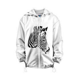 Детская куртка 3D с принтом Zebra в Белгороде, 100% полиэстер | застежка — молния, подол и капюшон оформлены резинкой с фиксаторами, по бокам — два кармана без застежек, один потайной карман на груди, плотность верхнего слоя — 90 г/м2; плотность флисового подклада — 260 г/м2 | africa | black | savanna | stripe | white | zebra | африка | белый | зебра | полоска | саванна | черный