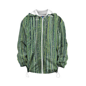 Детская куртка 3D с принтом Зеленый бамбук в Белгороде, 100% полиэстер | застежка — молния, подол и капюшон оформлены резинкой с фиксаторами, по бокам — два кармана без застежек, один потайной карман на груди, плотность верхнего слоя — 90 г/м2; плотность флисового подклада — 260 г/м2 | Тематика изображения на принте: bamboo | forest | stripes | бамбук | заросли | лес | листья | полосы | растения