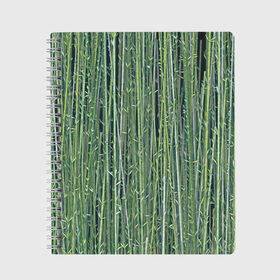Тетрадь с принтом Зеленый бамбук в Белгороде, 100% бумага | 48 листов, плотность листов — 60 г/м2, плотность картонной обложки — 250 г/м2. Листы скреплены сбоку удобной пружинной спиралью. Уголки страниц и обложки скругленные. Цвет линий — светло-серый
 | Тематика изображения на принте: bamboo | forest | stripes | бамбук | заросли | лес | листья | полосы | растения