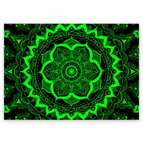 Поздравительная открытка с принтом Mandala в Белгороде, 100% бумага | плотность бумаги 280 г/м2, матовая, на обратной стороне линовка и место для марки
 | abstraction | light green | mandala | pattern | shape | tangled | texture | абстракция | запутанный | салатовый | текстура | узор | формы