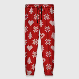 Женские брюки 3D с принтом Красный рождественский свитер в Белгороде, полиэстер 100% | прямой крой, два кармана без застежек по бокам, с мягкой трикотажной резинкой на поясе и по низу штанин. В поясе для дополнительного комфорта — широкие завязки | 