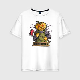 Женская футболка хлопок Oversize с принтом Halloween в Белгороде, 100% хлопок | свободный крой, круглый ворот, спущенный рукав, длина до линии бедер
 | blood | diablo | haloween | horror | дьявол | зомби | кости | кровь | мозги | мясо | страшилка | ужасы | хеллоуин | хелоуин