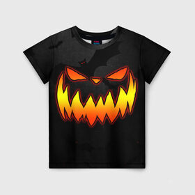 Детская футболка 3D с принтом Pumpkin smile and bats в Белгороде, 100% гипоаллергенный полиэфир | прямой крой, круглый вырез горловины, длина до линии бедер, чуть спущенное плечо, ткань немного тянется | 2020 | bat | bats | face | halloween | mask | nightmare | pumpkin | scary | smile | smiling | летучая | лицо | маска | мыши | мышь | привидение | страшная | тыква | улыбка | хэлоуин
