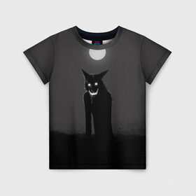 Детская футболка 3D с принтом ОБОРОТЕНЬ в Белгороде, 100% гипоаллергенный полиэфир | прямой крой, круглый вырез горловины, длина до линии бедер, чуть спущенное плечо, ткань немного тянется | волк | луна | необычно | оборотень | оскал | полнолуние | прикольно | страшно | хэллоуин