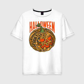 Женская футболка хлопок Oversize с принтом Halloween тыква в Белгороде, 100% хлопок | свободный крой, круглый ворот, спущенный рукав, длина до линии бедер
 | blood | diablo | haloween | horror | дьявол | зомби | кости | кровь | мозги | мясо | страшилка | ужасы | хеллоуин | хелоуин