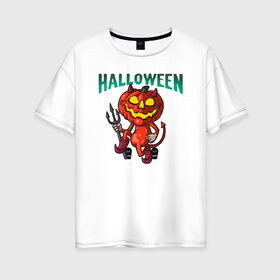 Женская футболка хлопок Oversize с принтом Halloween в Белгороде, 100% хлопок | свободный крой, круглый ворот, спущенный рукав, длина до линии бедер
 | blood | diablo | haloween | horror | дьявол | зомби | кости | кровь | мозги | мясо | страшилка | ужасы | хеллоуин | хелоуин