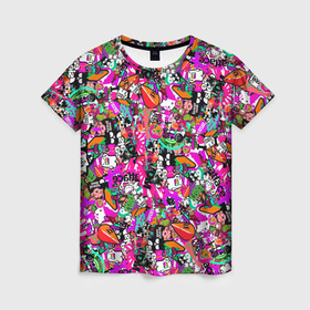Женская футболка 3D с принтом $-tickers   в Белгороде, 100% полиэфир ( синтетическое хлопкоподобное полотно) | прямой крой, круглый вырез горловины, длина до линии бедер | abstraction | background | colorful | jdm | sticker | stickers | style | texture | абстракция | наклейки | разноцветный | стикер | стиль | текстура | фон