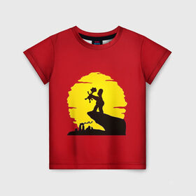 Детская футболка 3D с принтом КОРОЛЬ БАРТ в Белгороде, 100% гипоаллергенный полиэфир | прямой крой, круглый вырез горловины, длина до линии бедер, чуть спущенное плечо, ткань немного тянется | африка | барт | закат | коль лев | мультфильм | симпсоны