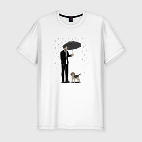 Мужская футболка хлопок Slim с принтом Под дождем в Белгороде, 92% хлопок, 8% лайкра | приталенный силуэт, круглый вырез ворота, длина до линии бедра, короткий рукав | beagle | бигль | джон уикместь | дождь | забота | защита животных | зонт | киану ривз | охрана | собака