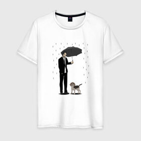 Мужская футболка хлопок с принтом Под дождем в Белгороде, 100% хлопок | прямой крой, круглый вырез горловины, длина до линии бедер, слегка спущенное плечо. | Тематика изображения на принте: beagle | бигль | джон уикместь | дождь | забота | защита животных | зонт | киану ривз | охрана | собака