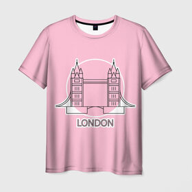 Мужская футболка 3D с принтом Лондон London Tower bridge в Белгороде, 100% полиэфир | прямой крой, круглый вырез горловины, длина до линии бедер | bridge | england | english | gb | london | tower | uk | английский | англия | башни | великобритания | закат | иконка | лайнарт | лондон | мост | надпись | розовый круг | слово | тауэрский | юк