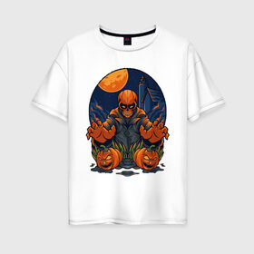 Женская футболка хлопок Oversize с принтом Halloween в Белгороде, 100% хлопок | свободный крой, круглый ворот, спущенный рукав, длина до линии бедер
 | art | halloween | monster | moon | night | pumpkin | арт | луна | монстр | ночь | тыква | хэллоуин | хэлуин