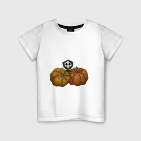 Детская футболка хлопок с принтом Тыковки в Белгороде, 100% хлопок | круглый вырез горловины, полуприлегающий силуэт, длина до линии бедер | Тематика изображения на принте: жнец | рисунок | скелет | тыквы | хэллоуин | череп