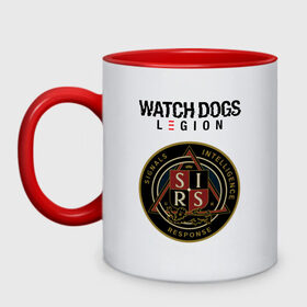 Кружка двухцветная с принтом S.I.R.S Watch Dogs Legion в Белгороде, керамика | объем — 330 мл, диаметр — 80 мм. Цветная ручка и кайма сверху, в некоторых цветах — вся внутренняя часть | action | action adventure | game watch dogs | legion | sirs | watch dogs | watch dogs legion | ватч догз легион | ватч догс | знак sirs | игра watch dogs | клан | кланы | легион | лого | логотип | логотип watch dogs | лондон | надпись | спе