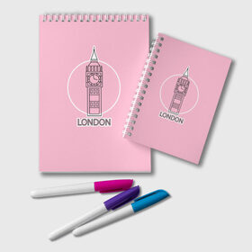 Блокнот с принтом Биг Бен, Лондон, London в Белгороде, 100% бумага | 48 листов, плотность листов — 60 г/м2, плотность картонной обложки — 250 г/м2. Листы скреплены удобной пружинной спиралью. Цвет линий — светло-серый
 | Тематика изображения на принте: big ben | clock | england | europe | london | pink | travel | англия | башня | башня елизаветы | биг бен | великобритания | европа | иконка | круг | лондон | надпись | путешествия | розовый | символ | часы