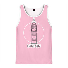 Мужская майка 3D с принтом Биг Бен, Лондон, London в Белгороде, 100% полиэстер | круглая горловина, приталенный силуэт, длина до линии бедра. Пройма и горловина окантованы тонкой бейкой | Тематика изображения на принте: big ben | clock | england | europe | london | pink | travel | англия | башня | башня елизаветы | биг бен | великобритания | европа | иконка | круг | лондон | надпись | путешествия | розовый | символ | часы