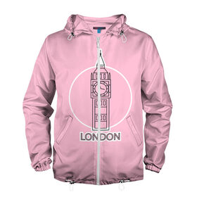 Мужская ветровка 3D с принтом Биг Бен, Лондон, London в Белгороде, 100% полиэстер | подол и капюшон оформлены резинкой с фиксаторами, два кармана без застежек по бокам, один потайной карман на груди | big ben | clock | england | europe | london | pink | travel | англия | башня | башня елизаветы | биг бен | великобритания | европа | иконка | круг | лондон | надпись | путешествия | розовый | символ | часы