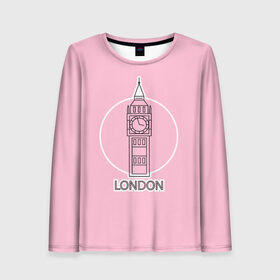 Женский лонгслив 3D с принтом Биг Бен, Лондон, London в Белгороде, 100% полиэстер | длинные рукава, круглый вырез горловины, полуприлегающий силуэт | big ben | clock | england | europe | london | pink | travel | англия | башня | башня елизаветы | биг бен | великобритания | европа | иконка | круг | лондон | надпись | путешествия | розовый | символ | часы