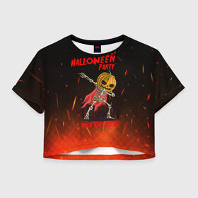 Женская футболка Crop-top 3D с принтом Halloween Party в Белгороде, 100% полиэстер | круглая горловина, длина футболки до линии талии, рукава с отворотами | blood | diablo | haloween | horror | дьявол | зомби | кости | кровь | мозги | мясо | страшилка | ужасы | хеллоуин | хелоуин