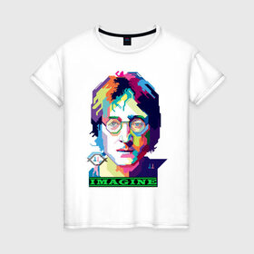 Женская футболка хлопок с принтом John Lennon Imagine в Белгороде, 100% хлопок | прямой крой, круглый вырез горловины, длина до линии бедер, слегка спущенное плечо | beatles | imagine | john | lennon | the beatles | битлз | битлы | группа | джон | купить | леннон | леннона | очки | рок н ролл | с группы | хиппи