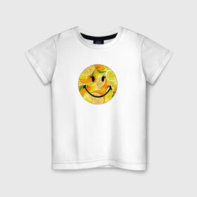 Детская футболка хлопок с принтом Смайлик с цитрусами в Белгороде, 100% хлопок | круглый вырез горловины, полуприлегающий силуэт, длина до линии бедер | апельсин | апельсинки | весёлый | детский | жара | желтый | женский | зелёный | лаймы | летний | лето | лимон | лимоны | оранжевый | отдых | пляж | подростковый | прикол | прикольный | радость | ребёнок