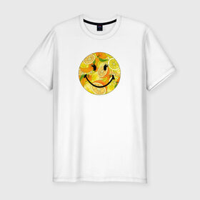 Мужская футболка хлопок Slim с принтом Смайлик с цитрусами в Белгороде, 92% хлопок, 8% лайкра | приталенный силуэт, круглый вырез ворота, длина до линии бедра, короткий рукав | апельсин | апельсинки | весёлый | детский | жара | желтый | женский | зелёный | лаймы | летний | лето | лимон | лимоны | оранжевый | отдых | пляж | подростковый | прикол | прикольный | радость | ребёнок