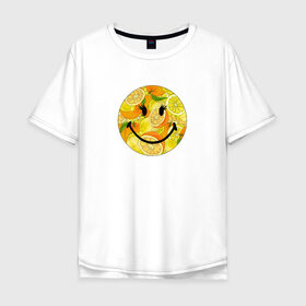 Мужская футболка хлопок Oversize с принтом Смайлик с цитрусами в Белгороде, 100% хлопок | свободный крой, круглый ворот, “спинка” длиннее передней части | апельсин | апельсинки | весёлый | детский | жара | желтый | женский | зелёный | лаймы | летний | лето | лимон | лимоны | оранжевый | отдых | пляж | подростковый | прикол | прикольный | радость | ребёнок