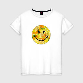 Женская футболка хлопок с принтом Смайлик с цитрусами в Белгороде, 100% хлопок | прямой крой, круглый вырез горловины, длина до линии бедер, слегка спущенное плечо | апельсин | апельсинки | весёлый | детский | жара | желтый | женский | зелёный | лаймы | летний | лето | лимон | лимоны | оранжевый | отдых | пляж | подростковый | прикол | прикольный | радость | ребёнок
