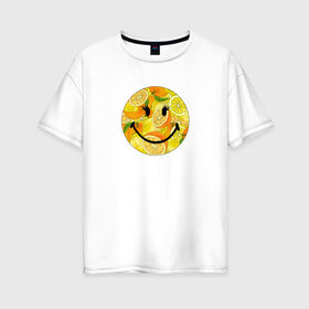 Женская футболка хлопок Oversize с принтом Смайлик с цитрусами в Белгороде, 100% хлопок | свободный крой, круглый ворот, спущенный рукав, длина до линии бедер
 | апельсин | апельсинки | весёлый | детский | жара | желтый | женский | зелёный | лаймы | летний | лето | лимон | лимоны | оранжевый | отдых | пляж | подростковый | прикол | прикольный | радость | ребёнок