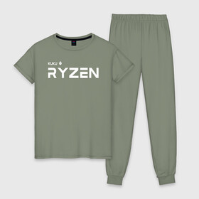Женская пижама хлопок с принтом Kuku Ryzen в Белгороде, 100% хлопок | брюки и футболка прямого кроя, без карманов, на брюках мягкая резинка на поясе и по низу штанин | amd | amd ryzen | cpu | intel | kukuryzen | radeon | ryzen | zen | кукурузен | процессор | райзен | рузен | рязань | цпу