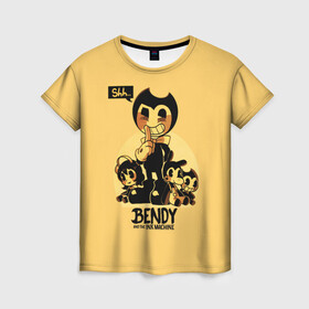 Женская футболка 3D с принтом Bendy And The Ink Machine в Белгороде, 100% полиэфир ( синтетическое хлопкоподобное полотно) | прямой крой, круглый вырез горловины, длина до линии бедер | bendy | bendy and the ink machine | бенди | бени | бенни | бэнди | детская | детям | игра | капли | компьютерная игра | краска | машина | подтеки | ужастик | чернила | чернильная