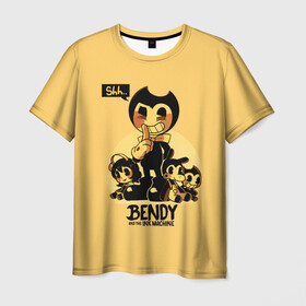 Мужская футболка 3D с принтом Bendy And The Ink Machine в Белгороде, 100% полиэфир | прямой крой, круглый вырез горловины, длина до линии бедер | bendy | bendy and the ink machine | бенди | бени | бенни | бэнди | детская | детям | игра | капли | компьютерная игра | краска | машина | подтеки | ужастик | чернила | чернильная