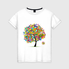 Женская футболка хлопок с принтом Flower tree в Белгороде, 100% хлопок | прямой крой, круглый вырез горловины, длина до линии бедер, слегка спущенное плечо | девушкам | дерево | зелень | листок | орнамент | цветы