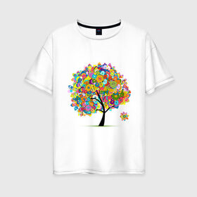 Женская футболка хлопок Oversize с принтом Flower tree в Белгороде, 100% хлопок | свободный крой, круглый ворот, спущенный рукав, длина до линии бедер
 | девушкам | дерево | зелень | листок | орнамент | цветы
