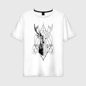 Женская футболка хлопок Oversize с принтом Polygonal deer в Белгороде, 100% хлопок | свободный крой, круглый ворот, спущенный рукав, длина до линии бедер
 | animals | black | circles | deer | drawing | forest | geometric | low poly | poly | silhouette | tattoo | triangles | wild | белый | геометрический | дикий | животные | звери | зверь | контур | круги | лес | лесной | мужской | олени | олень | полигональны