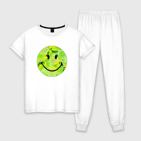 Женская пижама хлопок с принтом Лаймик смайлик в Белгороде, 100% хлопок | брюки и футболка прямого кроя, без карманов, на брюках мягкая резинка на поясе и по низу штанин | весёлый | детский | жара | желтый | женский | зелёный | лаймы | летний | лето | лимон | лимоны | оранжевый | отдых | пляж | подростковый | позитив | прикол | прикольный | радость | ребёнок | рожица | смайл