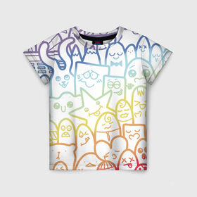 Детская футболка 3D с принтом Радужные дудлы в Белгороде, 100% гипоаллергенный полиэфир | прямой крой, круглый вырез горловины, длина до линии бедер, чуть спущенное плечо, ткань немного тянется | doodle | горы | динозавр | дудл | жираф | заяц | звезда | карандаш | лапки | медведь | облако | птица | радуга | сердце | телевизор | улыбка | утёнок