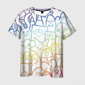 Мужская футболка 3D с принтом Радужные дудлы в Белгороде, 100% полиэфир | прямой крой, круглый вырез горловины, длина до линии бедер | Тематика изображения на принте: doodle | горы | динозавр | дудл | жираф | заяц | звезда | карандаш | лапки | медведь | облако | птица | радуга | сердце | телевизор | улыбка | утёнок
