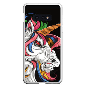 Чехол для Samsung S10E с принтом Evil unicorn в Белгороде, Силикон | Область печати: задняя сторона чехла, без боковых панелей | black | blue | evil | evil unicorn | green yellow | horn | horse | multicolored | pink | red | white | белый | зеленый желтый | зло | злой единорог | конь | красный | лошадь | разноцветный | рог | розовый | синий | черный