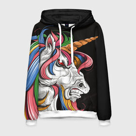 Мужская толстовка 3D с принтом Evil unicorn в Белгороде, 100% полиэстер | двухслойный капюшон со шнурком для регулировки, мягкие манжеты на рукавах и по низу толстовки, спереди карман-кенгуру с мягким внутренним слоем. | Тематика изображения на принте: black | blue | evil | evil unicorn | green yellow | horn | horse | multicolored | pink | red | white | белый | зеленый желтый | зло | злой единорог | конь | красный | лошадь | разноцветный | рог | розовый | синий | черный