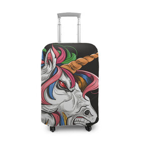 Чехол для чемодана 3D с принтом Evil unicorn в Белгороде, 86% полиэфир, 14% спандекс | двустороннее нанесение принта, прорези для ручек и колес | black | blue | evil | evil unicorn | green yellow | horn | horse | multicolored | pink | red | white | белый | зеленый желтый | зло | злой единорог | конь | красный | лошадь | разноцветный | рог | розовый | синий | черный