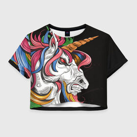 Женская футболка Crop-top 3D с принтом Evil unicorn в Белгороде, 100% полиэстер | круглая горловина, длина футболки до линии талии, рукава с отворотами | black | blue | evil | evil unicorn | green yellow | horn | horse | multicolored | pink | red | white | белый | зеленый желтый | зло | злой единорог | конь | красный | лошадь | разноцветный | рог | розовый | синий | черный