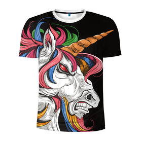 Мужская футболка 3D спортивная с принтом Evil unicorn в Белгороде, 100% полиэстер с улучшенными характеристиками | приталенный силуэт, круглая горловина, широкие плечи, сужается к линии бедра | black | blue | evil | evil unicorn | green yellow | horn | horse | multicolored | pink | red | white | белый | зеленый желтый | зло | злой единорог | конь | красный | лошадь | разноцветный | рог | розовый | синий | черный