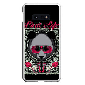 Чехол для Samsung S10E с принтом Розовая жизнь в Белгороде, Силикон | Область печати: задняя сторона чехла, без боковых панелей | Тематика изображения на принте: голова медведя. | голова панды | медведи | орнамент | панда | панда в розовых очках | розовая жизнь | розовый стиль | розы